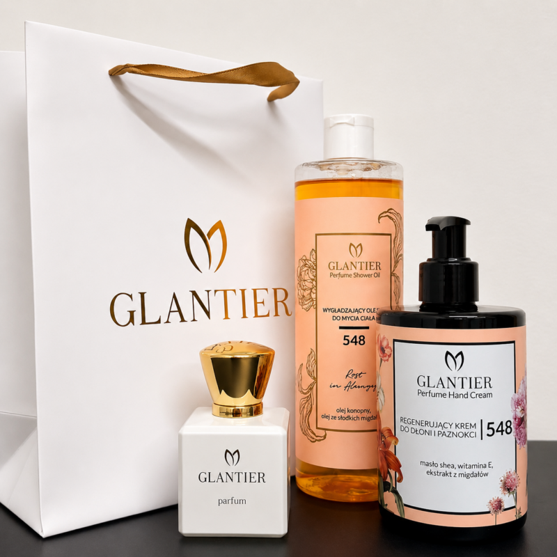 Zestaw 548: Perfumy Premium 50 ml, Olejek do mycia, Krem do rąk + Torba prezentowa