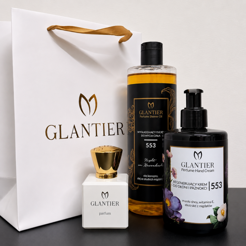Zestaw 553: Perfumy Premium 50 ml, Olejek do mycia, Krem do rąk + Torba prezentowa