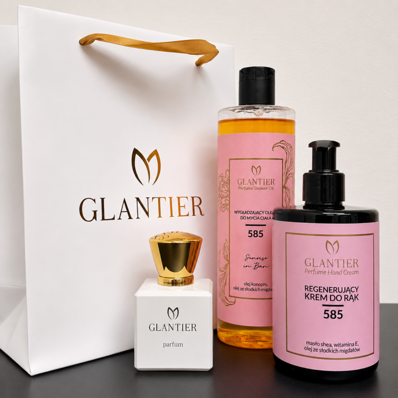 Zestaw 585: Perfumy Premium 50 ml, Olejek do mycia, Krem do rąk + Torba prezentowa