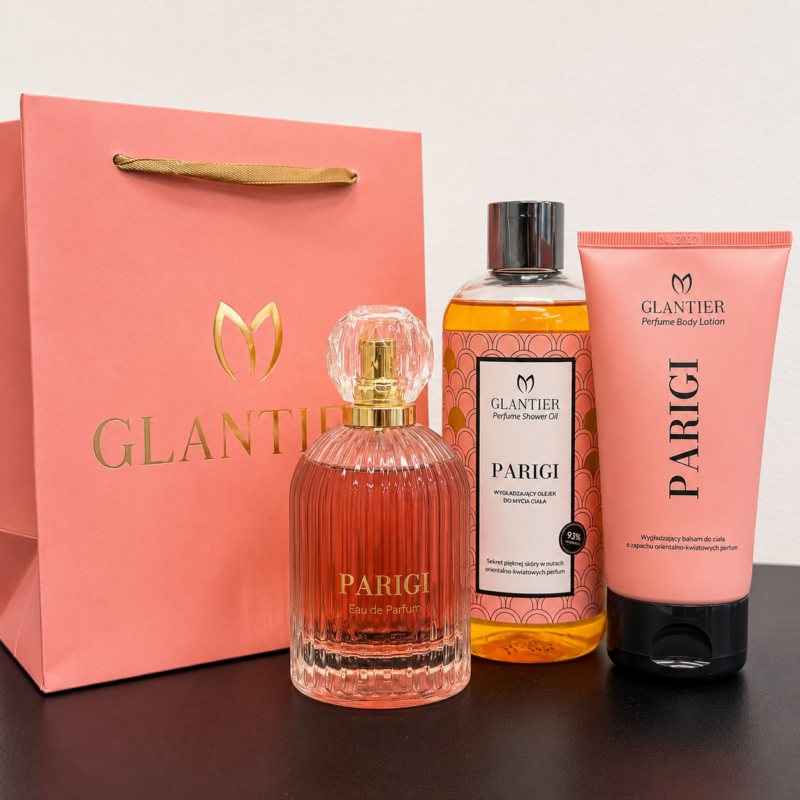 Zestaw Prezentowy Parigi: Perfumy 100 ml, Olejek do Mycia 300 ml, Balsam do Ciała 200 ml i Torba prezentowa
