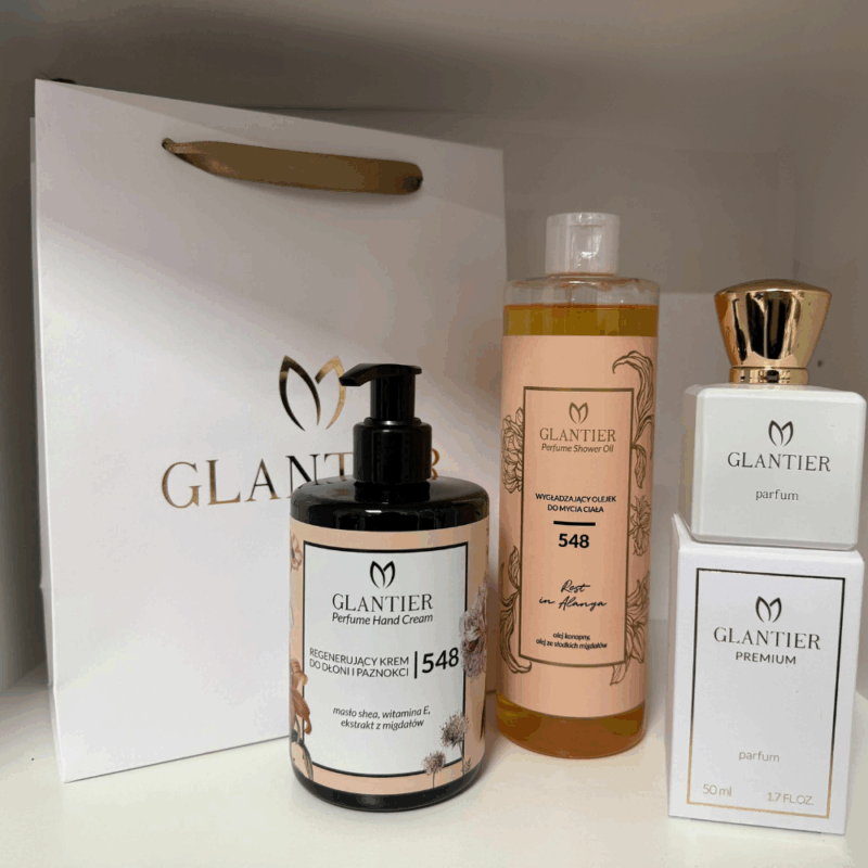 Zestaw Prezentowy Glantier 548: Perfumy Premium 50 ml, Olejek do mycia, Krem do rąk + Torba prezentowa