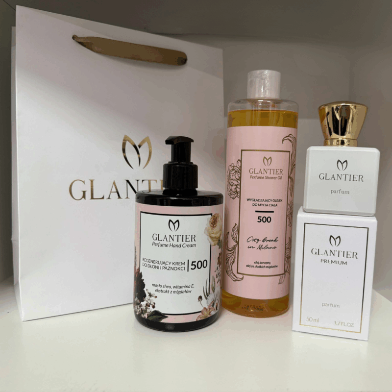 Zestaw Prezentowy Glantier 500: Perfumy Premium 50 ml, Olejek do mycia, Krem do rąk + Torba prezentowa