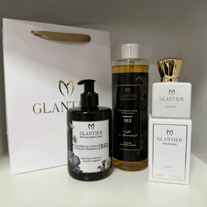 Zestaw Prezentowy Glantier 553: Perfumy Premium 50 ml, Olejek do mycia, Krem do rąk + Torba prezentowa