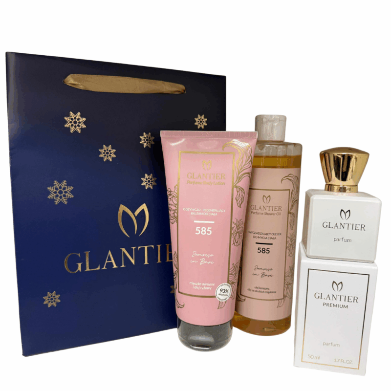 Zestaw prezentowy Glantier 585: Perfumy Premium 50 ml, Balsam, Olejek do mycia + Torba prezentowa