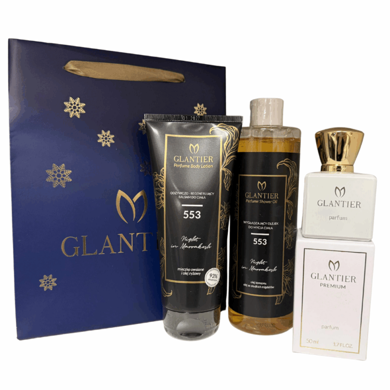 Zestaw prezentowy Glantier 553: Perfumy Premium 50 ml, Balsam, Olejek do mycia + Torba prezentowa