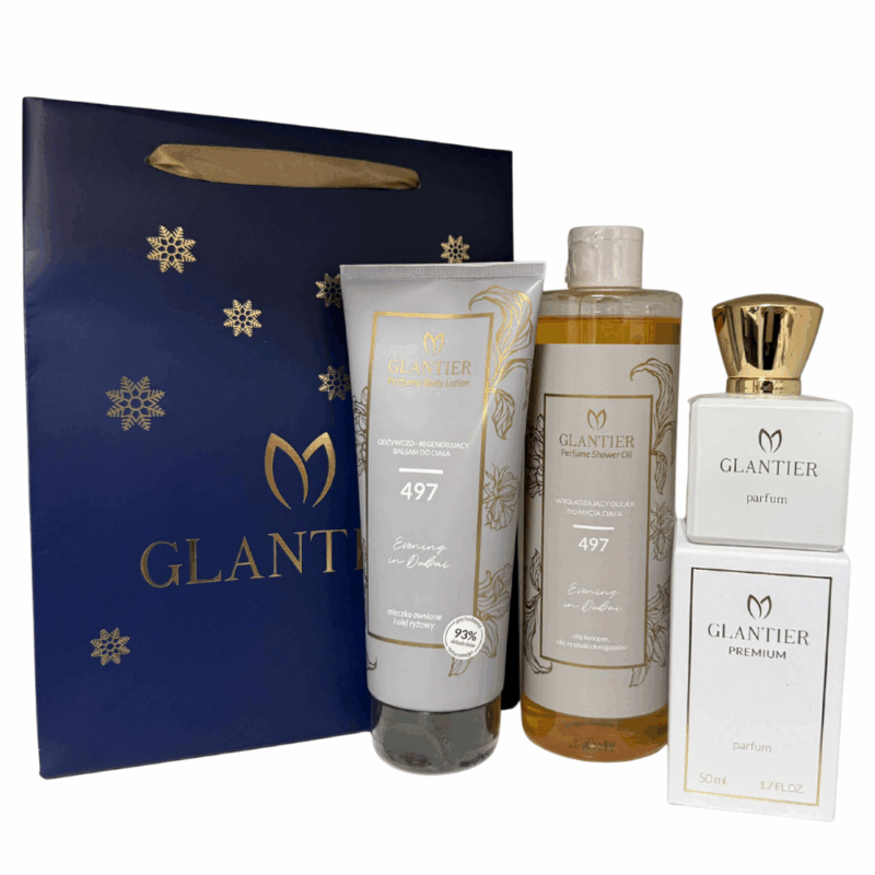 Zestaw prezentowy Glantier 497: Perfumy Premium 50 ml, Balsam, Olejek do mycia + Torba prezentowa