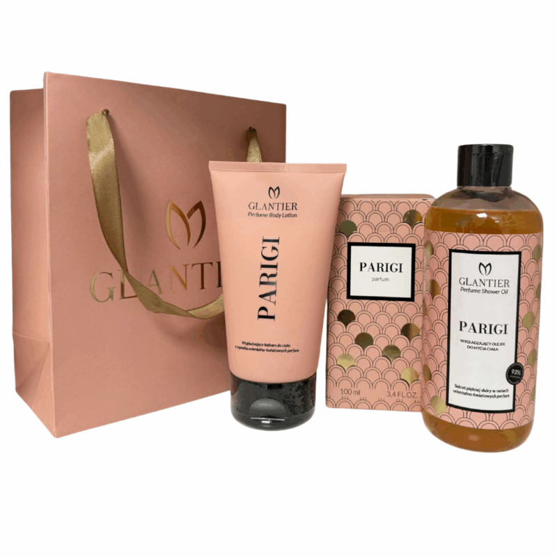 Zestaw Prezentowy Parigi: Perfumy 100 ml, Olejek do Mycia 300 ml, Balsam do Ciała 200 ml i Torba prezentowa