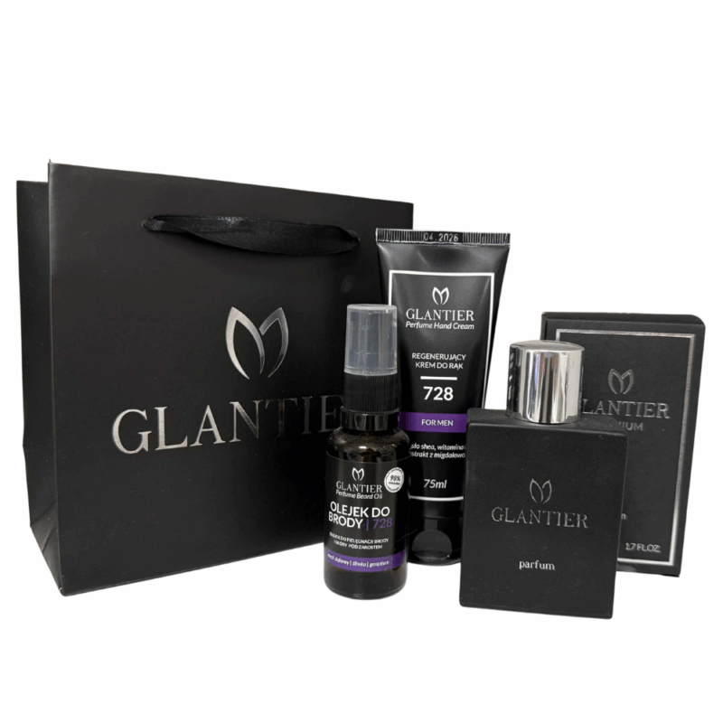 Zestaw Prezentowy Mini 728: Perfumy Premium, Olejek do brody, krem do rąk, Torba prezentowa mała