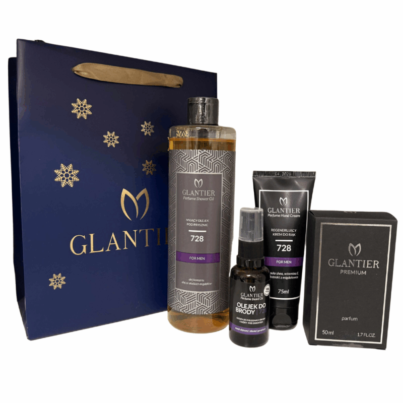 Zestaw Prezentowy 728 duży: Perfumy Premium, Olejek Pod Prysznic, Krem Do Rąk, Olejek Do Brody, Torba prezentowa