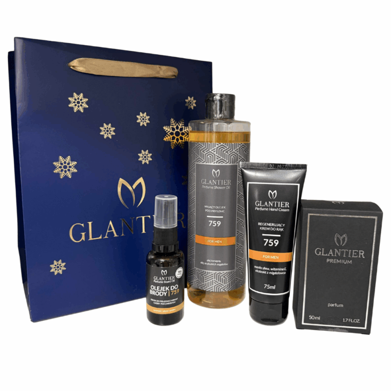 Zestaw Prezentowy 759 duży: Perfumy Premium, Olejek Pod Prysznic, Krem Do Rąk, Olejek Do Brody, Torba prezentowa