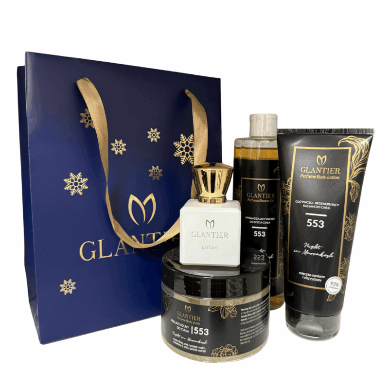 Zestaw prezentowy Glantier 553: Perfumy Premium 50 ml, Peeling do ciała, Balsam, Olejek do mycia i Torba prezentowa