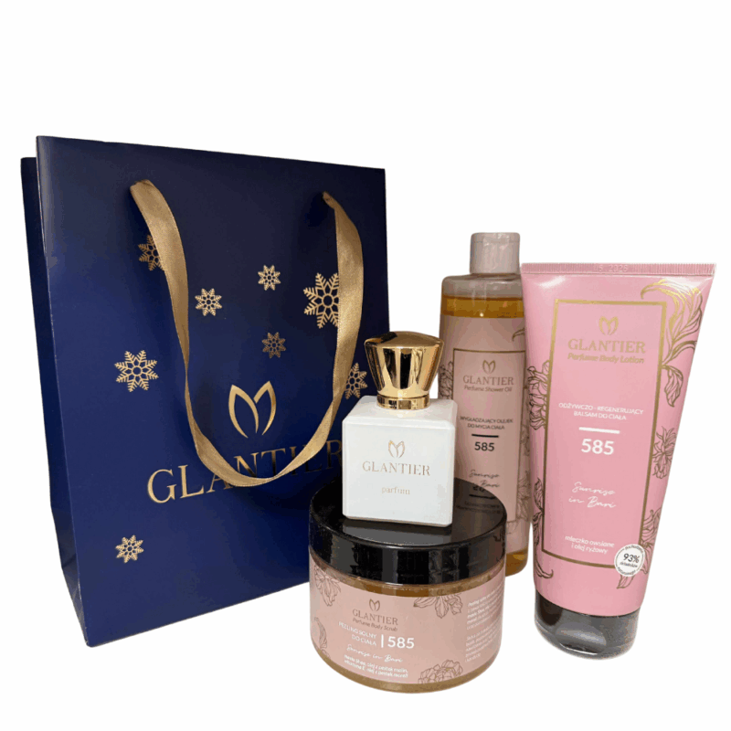 Zestaw prezentowy Glantier 585: Perfumy Premium 50 ml, Peeling do ciała, Balsam, Olejek do mycia i Torba prezentowa