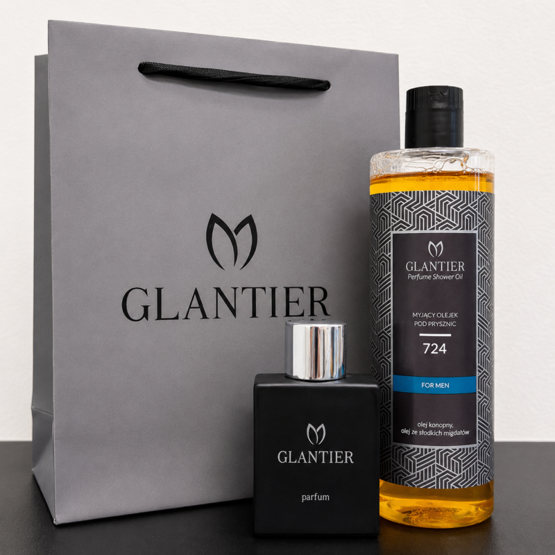 Męski Zestaw Prezentowy Inspirowany Invictus | Glantier 724 Premium 50 ml + Olejek 400 ml + Torebka prezentowa