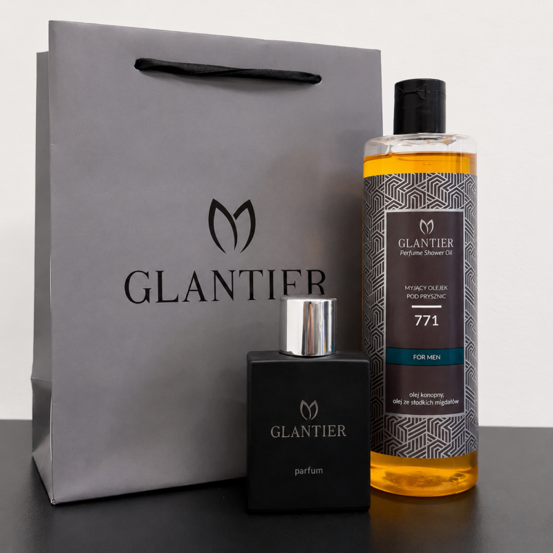 Męski Zestaw Prezentowy Inspirowany Sauvage | Glantier 771 Premium 50 ml + Olejek 400 ml + Torebka prezentowa