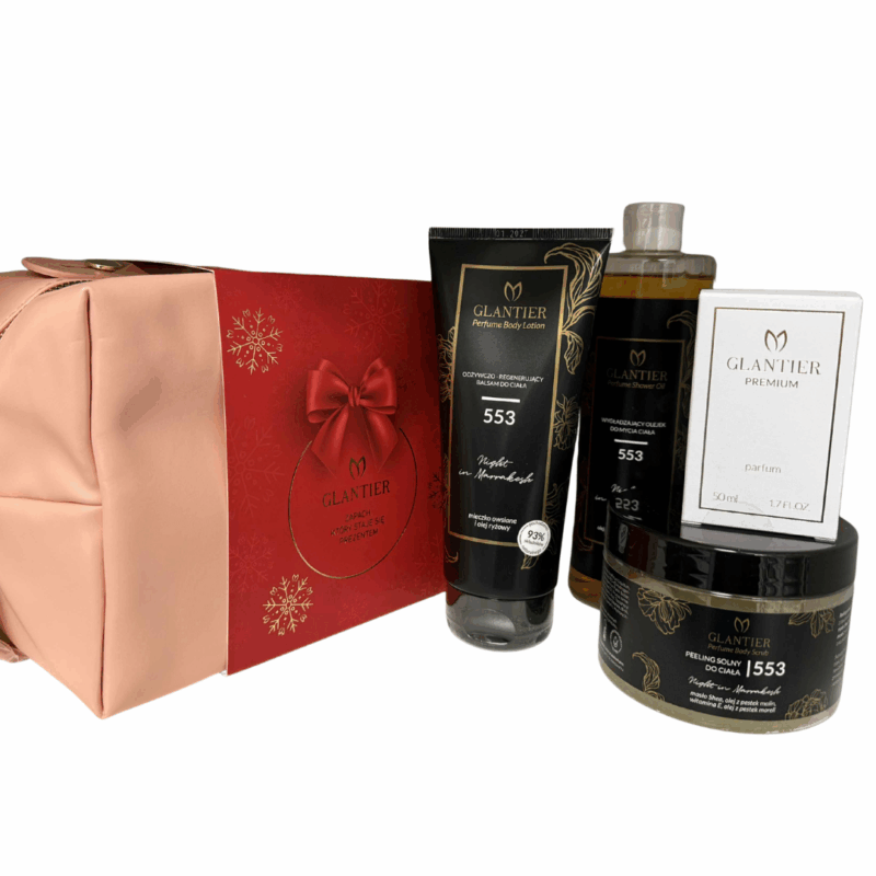 Zestaw prezentowy Glantier 553 z kosmetyczką: Perfumy Premium 50 ml, Peeling do ciała, Balsam, Olejek do mycia