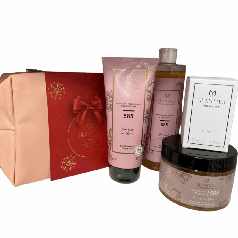Zestaw prezentowy Glantier 585 z kosmetyczką: Perfumy Premium 50 ml, Peeling do ciała, Balsam, Olejek do mycia