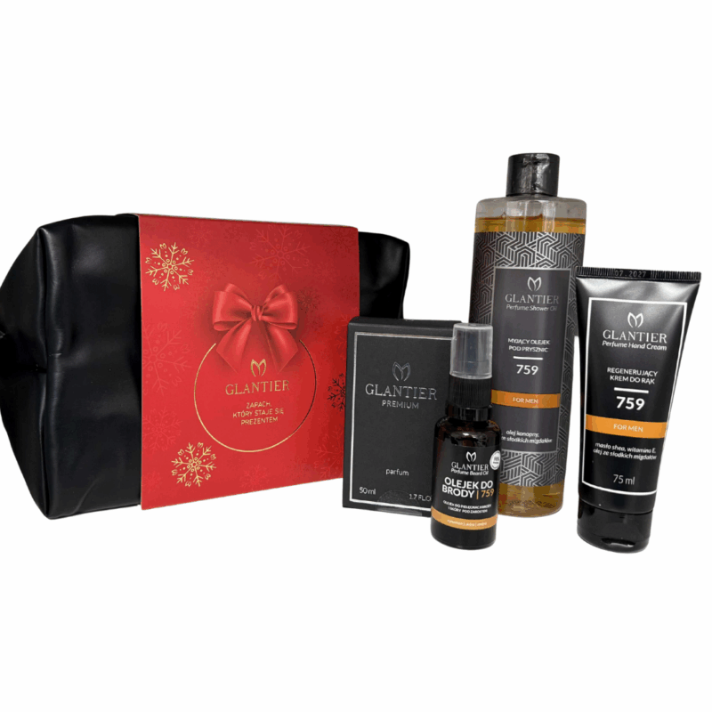 Męski Zestaw prezentowy Glantier 759 z kosmetyczką: Perfumy Premium 50 ml, Olejek do mycia, Krem do rąk, Olejek do brody