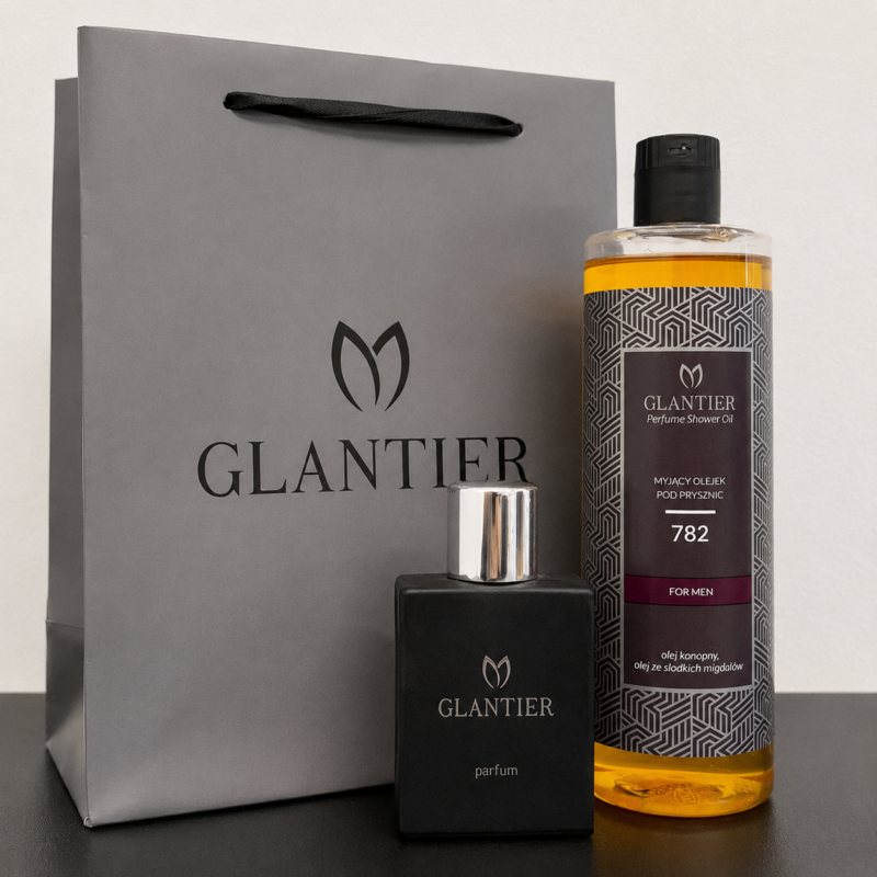 Męski Zestaw Prezentowy Inspirowany Bad Boy | Glantier 782 Premium 50 ml + Olejek 400 ml + Torebka